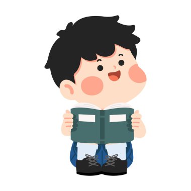 Çizgi film çocuğu bir kitap öğrencisini okuyor.