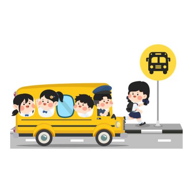 Okul çocuklarının otobüs durağındaki çizgi filmdeki resimleri.