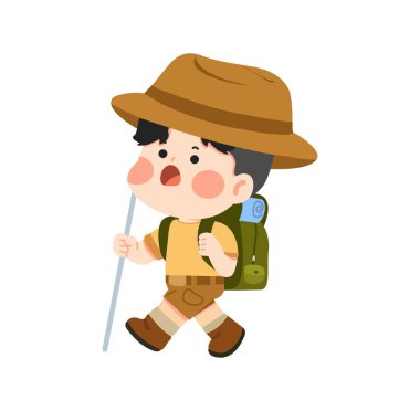Sırt çantası ve düz sopa ile çizgi film yürüyüşü