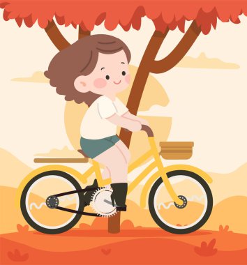 Sonbahar İllüstrasyonunda Bisiklete Binen Kadın