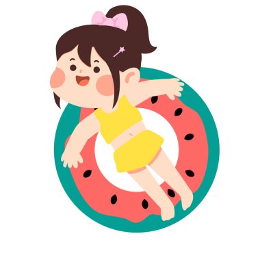 Çizgi film kızı, karpuz tüplü çocukla yüzüyor.