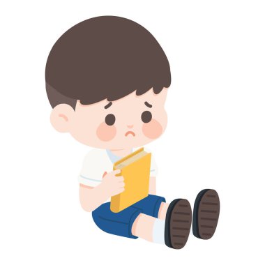 Kitap öğrencisiyle oturan üzgün çocuğun tasviri