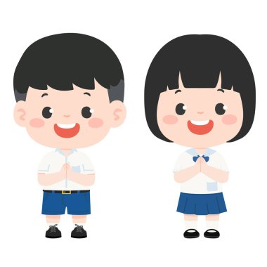 Wai ile okul üniformalı Taylandlı Öğrencilerin Çizgi Filmi