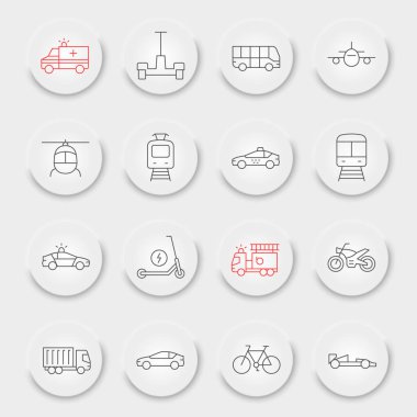 Transportation line icon set, transport collection, vector graphics, neumorphic UI UX buttons, vehicles vector icons, transportation signs, outline pictograms, editable stroke