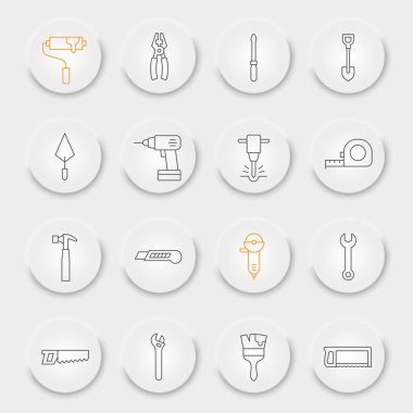 Construction tools line icon set, tools collection, vector graphics, neumorphic UI UX buttons, repair tools vector icons, construction industry signs, outline pictograms, editable stroke