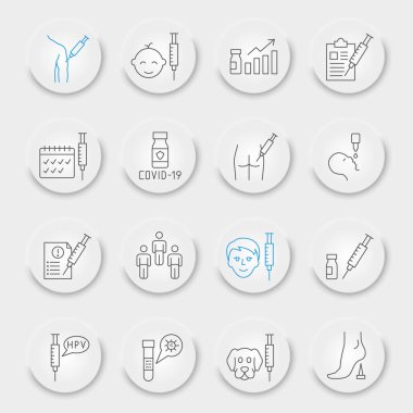 Vaccination line icon set, vaccine collection, vector graphics, neumorphic UI UX buttons, covid-19 vaccination vector icons, immunization signs, outline pictograms, editable stroke