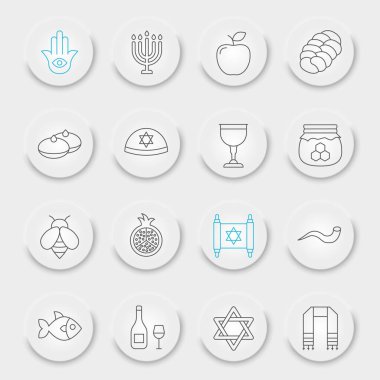 Rosh hashanah çizgi simgesi seti, Hanuka koleksiyonu, vektör çizimleri, neumorfik UI UX düğmeleri, shana tova simgeleri, rosh hashanah işaretleri doğrusal piktogramlar, düzenlenebilir felç