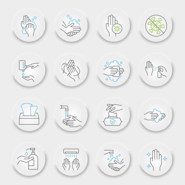 El çizgisi simgelerinizi, sağlık sembolleri koleksiyonunuzu, vektör çizimlerinizi, neumorfik UI UX düğmelerinizi, hijyen simgelerinizi, koronavirüs işaretlerini, doğrusal piktogramları yıkayın