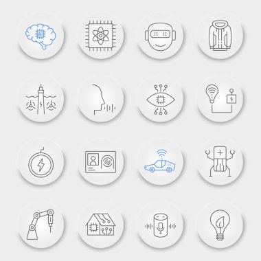Geleceğin teknoloji çizgisi simgesi seti, yenilik sembolleri koleksiyonu, vektör çizimleri, neumorfik UI UX düğmeleri, teknoloji simgeleri, robotizasyon işaretleri doğrusal pictogramlar