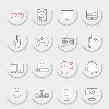 Aygıt satırı simgesi seti, teknoloji sembolleri koleksiyonu, vektör çizimleri, neumorfik UI UX düğmeleri, aygıtlar doğrusal pictogram imzalar