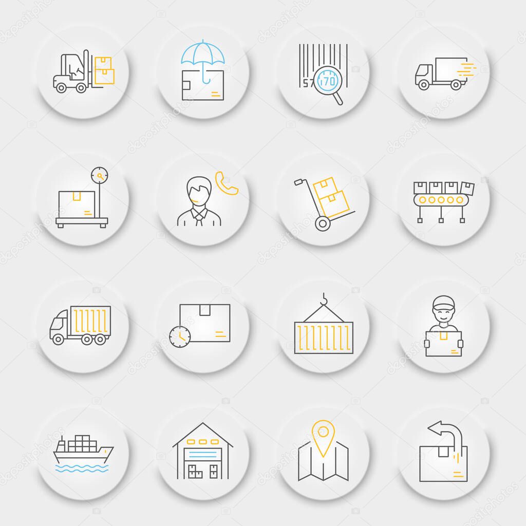 Logistics shipping line icon set, delivery symbols collection, vector sketches, neumorphic UI UX buttons, logistic delivery icons, shipping signs linear pictograms