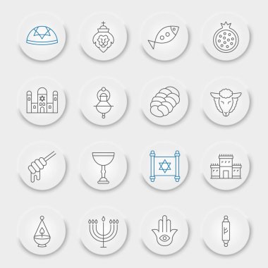 Rosh Hashanah çizgi simgesi seti, shana tova sembolleri koleksiyonu, vektör çizimleri, neumorfik UI UX düğmeleri, İsrail işaretleri beyaz arkaplanda izole edilmiş doğrusal piktogramlar paketi, ep 10.