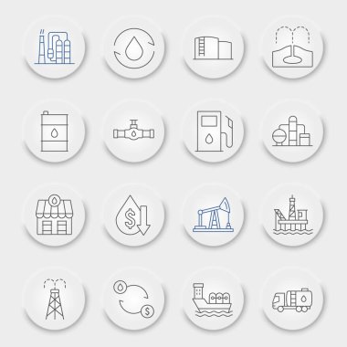 Petrol endüstrisi çizgi simgesi seti, yakıt üretim sembolleri koleksiyonu, vektör çizimleri, neumorfik UI UX düğmeleri, doğa kaynakları beyaz arkaplanda izole edilmiş doğrusal piktogram paketini imzalar, 10.