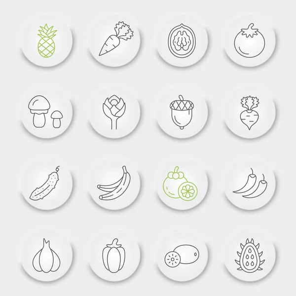 Obst Und Gemüse Liniensymbolset Sammlung Von Lebensmittelsymbolen Vektorskizzen Neumorphe Tasten — Stockvektor
