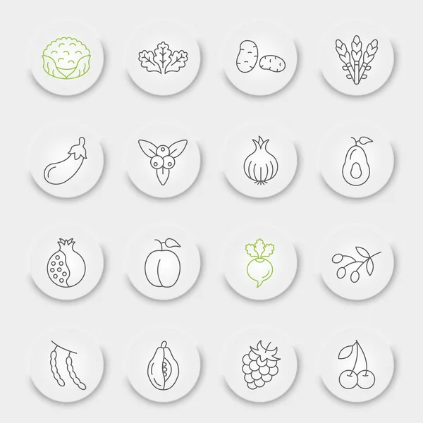 Obst Und Gemüse Liniensymbolset Sammlung Von Lebensmittelsymbolen Vektorskizzen Neumorphe Tasten — Stockvektor