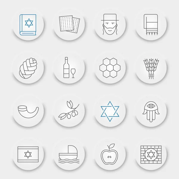 stock vector Rosh Hashanah line icon set, shana tova symbols collection, vector sketches, neumorphic UI UX buttons, israel signs linear pictograms package isolated on white background, eps 10.