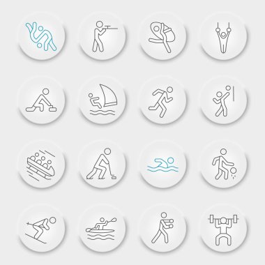 Yaz sporu çizgisi simgesi seti, spor sembolleri koleksiyonu, vektör çizimleri, neumorfik UI UX düğmeleri, sporcu beyaz arkaplanda izole edilmiş doğrusal piktogram paketini imzalar, ep 10.