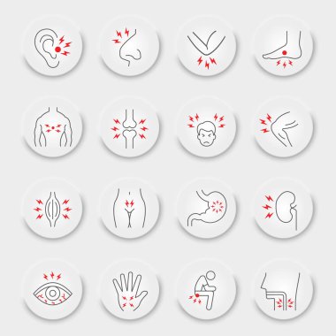 Vücut acı çizgisi simgesi seti, organlar acı sembolleri koleksiyonu, vektör çizimleri, neumorfik UI UX düğmeleri, hastalık işaretleri beyaz arkaplanda izole edilmiş doğrusal piktogramlar, eps 10.