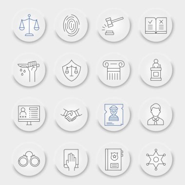 Hukuk çizgisi simgesi seti, adalet sembolleri koleksiyonu, vektör çizimleri, neumorfik UI UX düğmeleri, yargı işaretleri, beyaz arkaplanda izole edilmiş doğrusal piktogram paketi, eps 10.