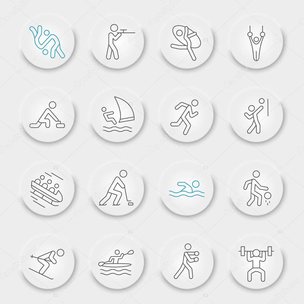 Summer sport line icon set, sport symbols collection, vector sketches, neumorphic UI UX buttons, sportsman signs linear pictograms package isolated on white background, eps 10.