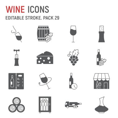 Şarap sembolü seti, alkol koleksiyonu, vektör grafikleri, logo illüstrasyonları, alkol içecek vektör simgeleri, şarap tabelaları, katı piktogramlar, düzenlenebilir felç