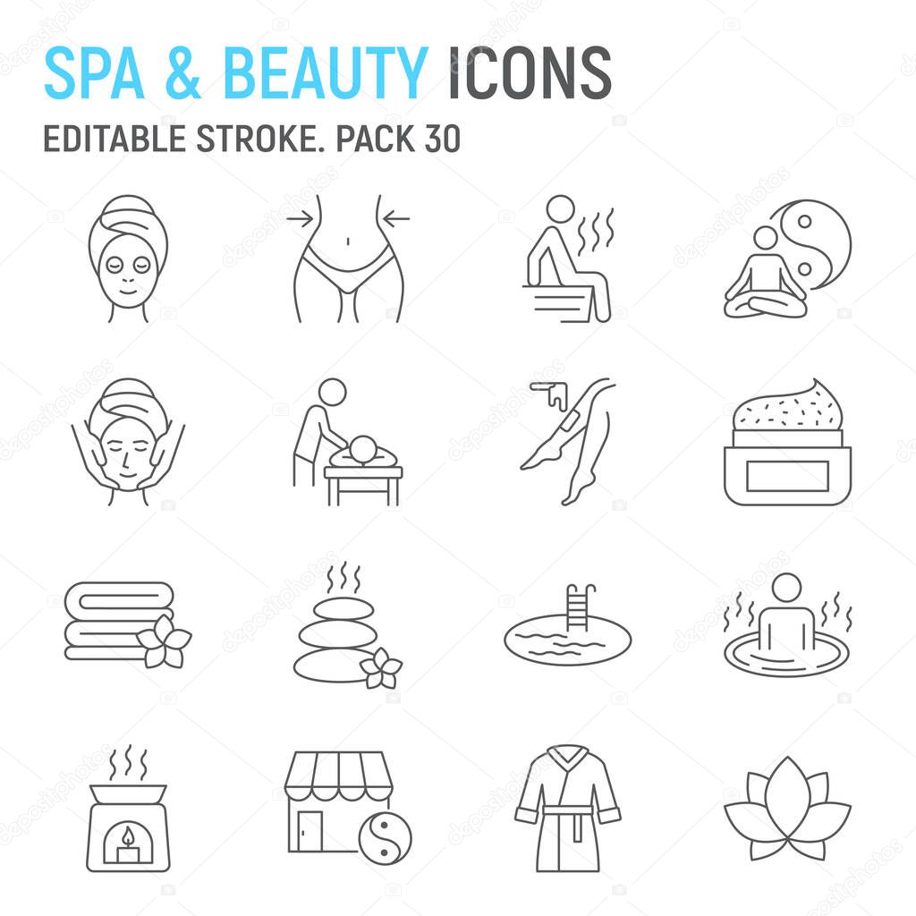 SPA and beauty line icon set, health collection, beauty procedures vector graphics, logo illustrations, relaxing treatments vector icons, spa signs, outline pictograms