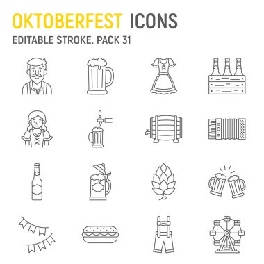 Oktoberfest çizgi simgesi seti, tatil koleksiyonu, vektör grafikleri, logo illüstrasyonları, bira festivali vektör simgeleri, Alman sembolleri tabelaları, taslak piktogramlar, düzenlenebilir felç