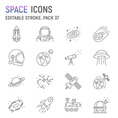 Uzay çizgisi simgesi seti, astronomi koleksiyonu, vektör grafikleri, logo illüstrasyonları, uzay vektör simgeleri, gezegen işaretleri, ana hatlı piktogramlar, düzenlenebilir vuruş