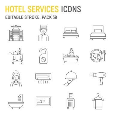 Otel servis çizgisi simgesi seti, turizm koleksiyonu, vektör grafikleri, logo illüstrasyonları, otel vektör simgeleri, seyahat tabelaları, taslak piktogramlar, düzenlenebilir felç