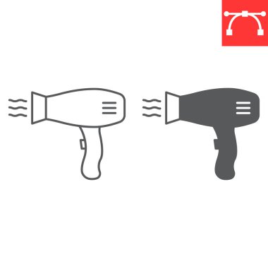 Saç kurutma hattı ve kabartma simgesi, aygıt ve saç kurutma makinesi, saç kurutma makinesi ikonu, vektör grafikleri, düzenlenebilir çizgi işareti, 10 birim..
