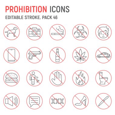 Yasaklama çizgisi simgesi seti, uyarı koleksiyonu, vektör grafikleri, logo illüstrasyonları, yasaklı vektör simgeleri, yasaklama işaretleri, taslak piktogramlar, düzenlenebilir felç işaretleri