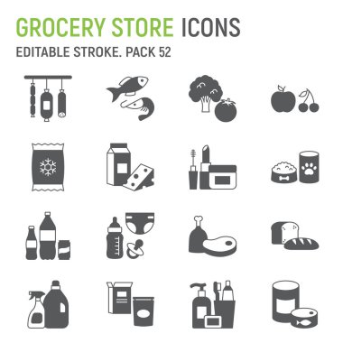 Market sembolü seti, yiyecek koleksiyonu, vektör grafikleri, logo çizimleri, süpermarket departmanları vektör simgeleri, yiyecek ve içecek tabelaları, katı piktogramlar, düzenlenebilir felç