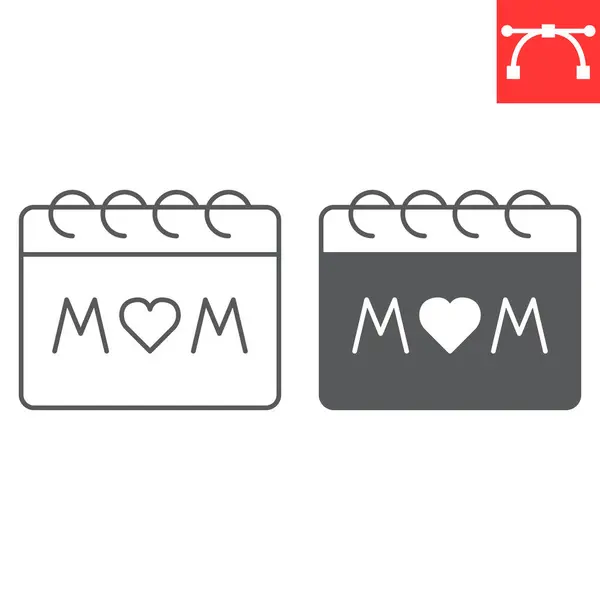 Mom day calendar line and glyph icon, heart and holiday, mothers day vector icon, vector graphics, editable stroke outline sign, eps 10.