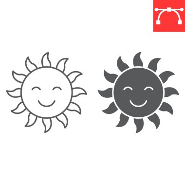 Güneş karakter çizgisi ve kabartma simgesi, yaz ve hava durumu, mutlu güneş vektör simgesi, vektör grafikleri, düzenlenebilir çizgi işareti, 10 Pound.