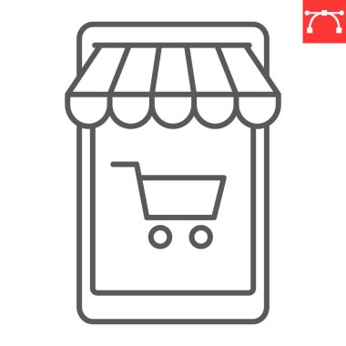 Mobil dükkan çizgisi simgesi, e-ticaret ve pazarlama, mobil mağaza vektör simgesi, vektör grafikleri, düzenlenebilir çizgi işareti, 10 Pound.