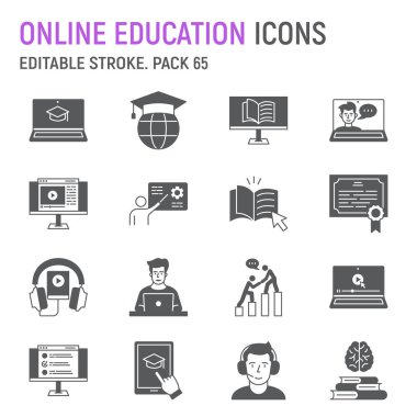 Çevrimiçi eğitim sembolü seti, e-öğrenme koleksiyonu, vektör grafikleri, logo illüstrasyonları, uzaklık öğrenme vektör simgeleri, çevrimiçi çalışma işaretleri, katı piktogramlar, düzenlenebilir felç