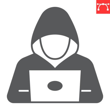 Hacker with laptop glyph icon, security and protection, hacker vector icon, vector graphics, editable stroke solid sign, eps 10.