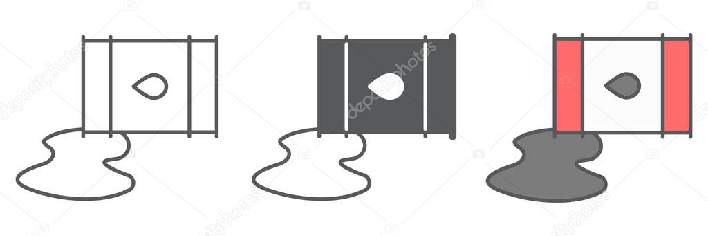 Oil spill icon collection, spilled oil and fuel, oil barrel leak vector icon set, vector graphics, editable stroke outline sign, eps 10.