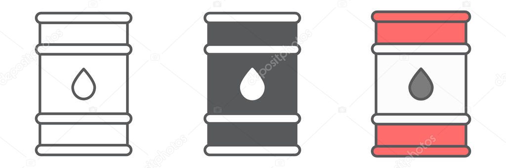 Oil barrel icon collection, industry and fuel, oil drum container vector icon set, vector graphics, editable stroke outline sign, eps 10.