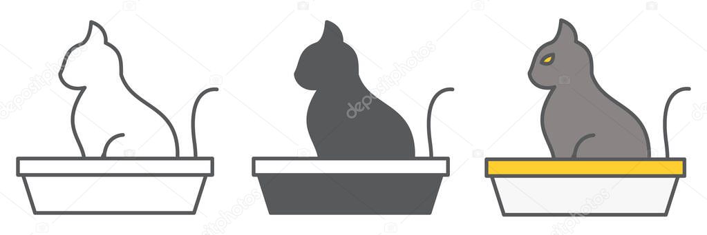 Cat in pet tray icon collection, pet shop and sandbox, cat tray vector icon set, vector graphics, editable stroke outline sign, eps 10