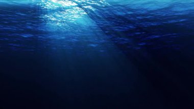 Sualtı okyanus dalgaları ışık ışınlarıyla salınır ve akar. Karanlık Fırtınalı Okyanusta Sualtı Işığı Işınlanıyor. 4K kusursuz döngü.