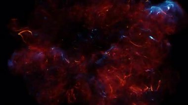 Turuncu ve mavi renkli duman bulutları içinde parlak partiküller patlaması Soyut arkaplan