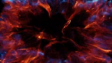 Turuncu ve mavi renkli duman bulutları içinde parlak partiküller patlaması Soyut arkaplan