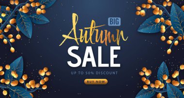 Sonbahar büyük satış tipografisi posteri ve sonbahar yaprakları. Doğa konsepti. Vektör illüstrasyonu