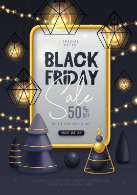 Siyah plastik Noel ağaçları ve elektrik lambaları olan Kara Cuma büyük indirim posteri. Vektör illüstrasyonu