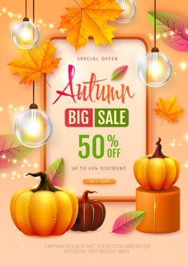 Sonbahar büyük satış tipografisi posteri, sonbahar yaprakları ve balkabaklarıyla. Doğa konsepti. Vektör illüstrasyonu