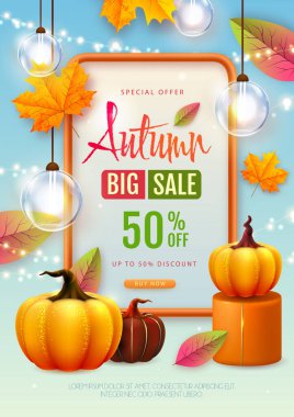 Sonbahar büyük satış tipografisi posteri, sonbahar yaprakları ve balkabaklarıyla. Doğa konsepti. Vektör illüstrasyonu