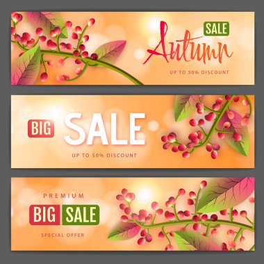 Sonbahar büyük indirimli sonbahar yapraklı tipografi afişleri. Doğa konsepti. Vektör illüstrasyonu