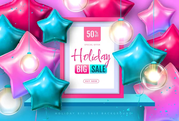 Holiday Big Sale Typography Poster Pink Blue Star Shaped Balloons — Stock Vector