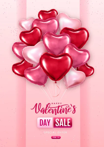 Šťastný Valentýn Velký Prodej Typografie Plakát Růžovými Balónky Tvaru Srdce — Stockový vektor